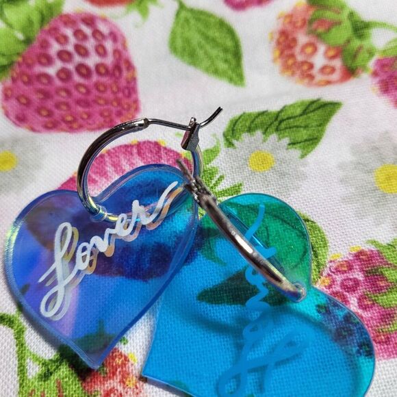 Blue "Lover" Reflective Heart Shaped Acrylic Earrings - Picture 4 of 6